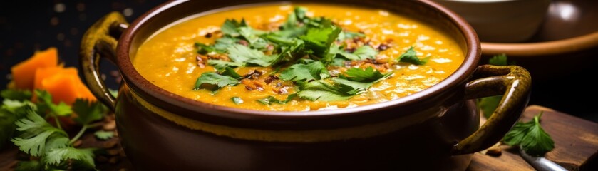 A warm and inviting glutenfree lentil soup, enriched with dairyfree coconut milk, presenting a comforting palette of warm browns