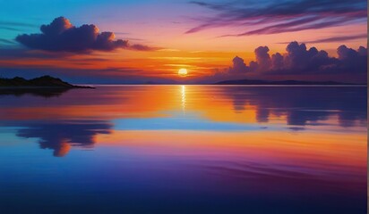 Fototapeta na wymiar A beautiful scene of a sunset over a calm ocean, with vibrant colors painting the sky and reflecting in the water.