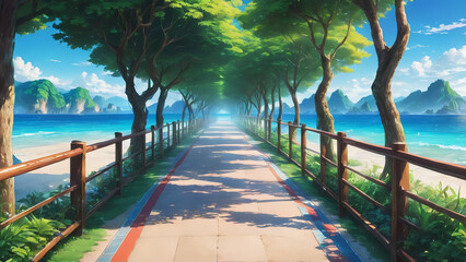 2d illustratio Walkway Road with Green trees and Blue Beach View
