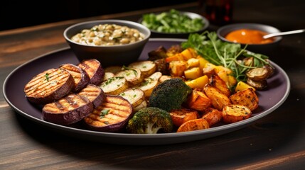 Fototapeta premium A wellrounded meal showcasing proteinrich legumes and a medley of vegetables, emphasized with rich browns from baked root vegetables