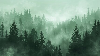 Mystic fog blankets a dark green pine tree forest, creating an eerie and enchanting atmosphere. Ai Generated.