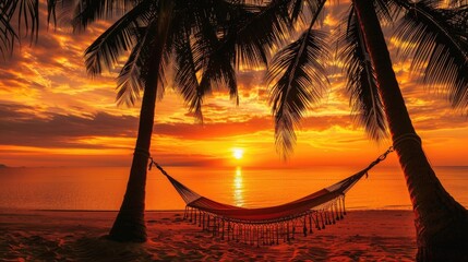 Palm trees sway gently beside a hammock, basking in the warm glow of a tranquil sunset. Ai Generated.