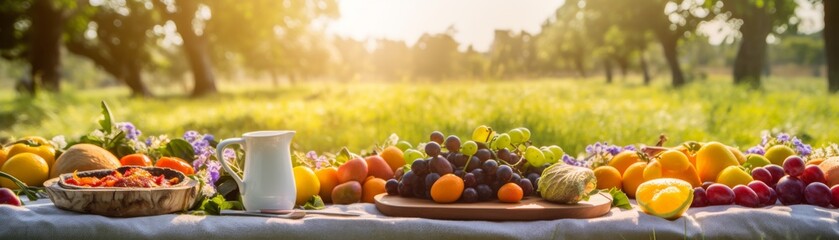 An outdoor picnic setting with a colorful spread of unprocessed vegetables and fresh, vibrant...