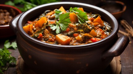 Appealing vegetarian stew, rich in earthy browns with lentils, potatoes, and carrots, served in a clay pot to enhance its rustic charm