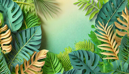 A seamless frame based on portraying a lush tropical green leaves