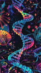 Captivating genetic science scene with futuristic DNA patterns in vibrant colors, inspiring imagination with their intricate designs.
