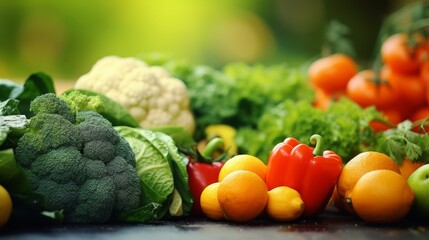 Closeup of assorted fresh vegetables and fruits with a focus on texture and natural, lush green backgrounds to emphasize freshness