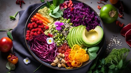 Colorful vegan Buddha bowl filled with a spectrum of rainbow vegetables, grains, and seeds, arranged in an eyecatching, artistic fashion