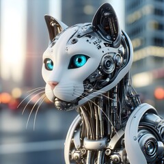 A sophisticated robotic cat with a predominantly white.