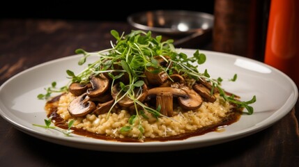 Creative presentation of a vegetarian risotto, featuring earthy brown wild mushrooms and truffle oil, garnished with microgreens for an appealing finish
