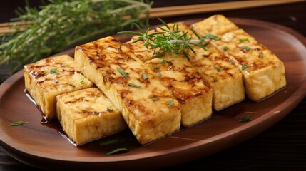 Deliciously succulent tofu steak, panseared to perfection and seasoned with herbs for enhanced flavor, showcased in natural, soft beige colors