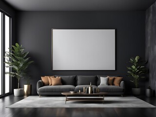  Large empty screen in a living room interior on an empty dark wall background design,3D rendering 