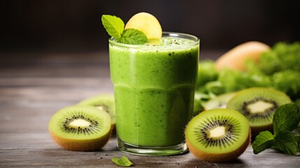 Energizing breakfast smoothie, featuring a vibrant blend of green vegetables and fruits, highlighted with bright green kiwi slices on top
