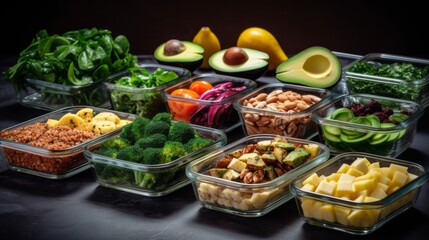 Fitness meal prep concept showing containers filled with protein sources and a bounty of deep green vegetables, symbolizing nutrition and health
