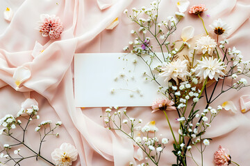 Stylish elegant flat lay feminine floristic greeting invitation post card, copy space mockup. - obrazy, fototapety, plakaty