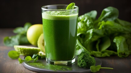 Freshly prepared shot of chlorophyllrich greens including Swiss chard and moringa, blended for a deep, vibrant green detox drink