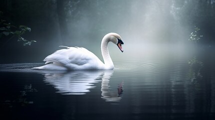 A graceful swan gliding across a tranquil lake, its pristine white feathers reflected perfectly in the still waters below