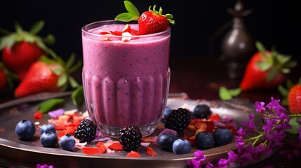 Invigorating red berry and red cabbage smoothie, artistically prepared and poured into a clear glass, showcasing its vibrant red hue