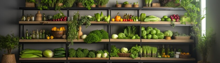 Inviting kitchen pantry filled with organic fruits and vegetables, featuring lush green herbs...