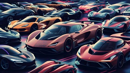 Group of multi color supercars parking