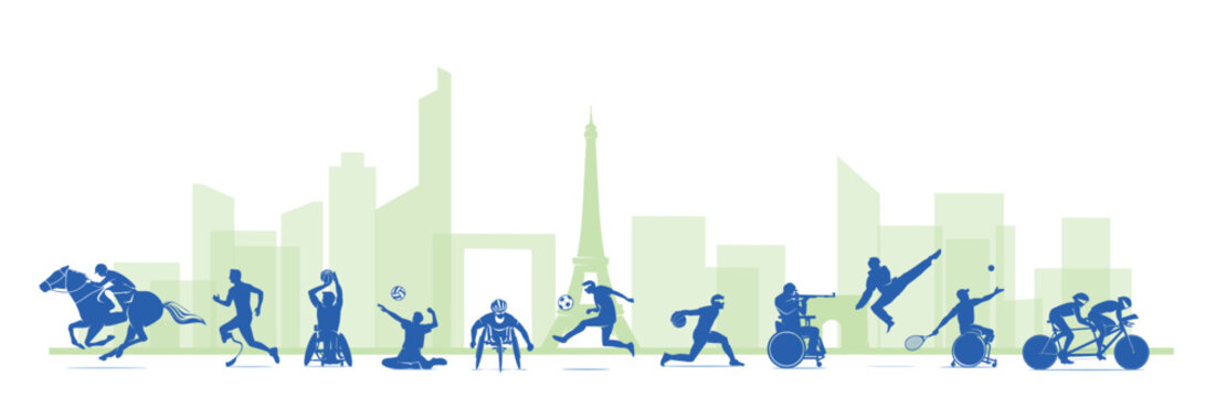 Great editable vector file of paralympic multisport players silhouette in the front of paris skyline with classy and unique style best for your digital design and print mockup