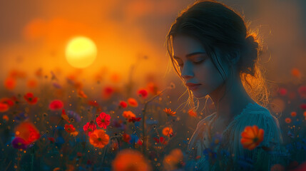 a woman walking in a field of poppies in the moonlight