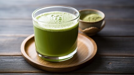 Refreshing and soft green kombucha, gently effervescent and served alongside a steaming mug of matcha green tea, ideal for relaxation