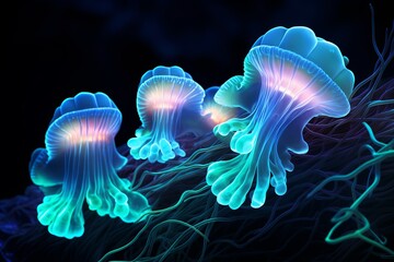 Bioluminescent Algae Gradients: Luminous Marine Biology Website Header - obrazy, fototapety, plakaty
