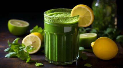 Fototapeta premium Revitalizing morning shot made from dark leafy greens and fresh herbs, providing a deep green elixir to kickstart the day