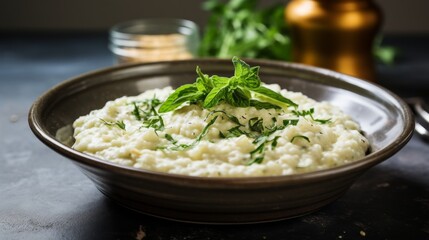 Simple yet elegant glutenfree and dairyfree risotto, using cauliflower rice and coconut cream, served in a soft beige color palette