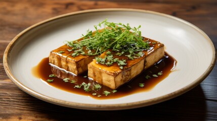 Soft beige tofu steak, delicately braised in a vegan broth and herbs, achieving a meltinyourmouth texture and a succulent taste profile