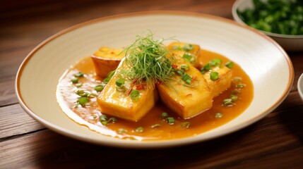 Soft beige tofu steak, delicately braised in a vegan broth and herbs, achieving a meltinyourmouth texture and a succulent taste profile