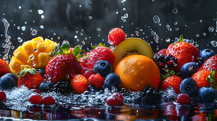 Panoramic wide black background with assortment of fresh fruits and water splashes, High resolution...