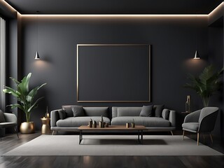  Large empty screen in a living room interior on an empty dark wall background design,3D rendering 