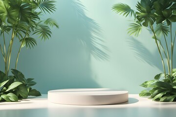 Obraz premium A white pedestal with a green background and a palm tree in the foreground