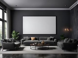  Large empty screen in a living room interior on an empty dark wall background design,3D rendering 