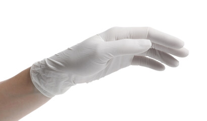 Woman wearing medical glove on white background, closeup