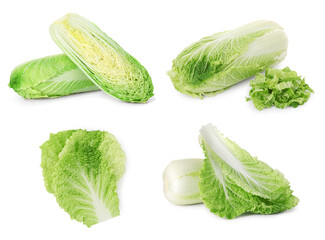Fresh ripe Chinese cabbages isolated on white, set