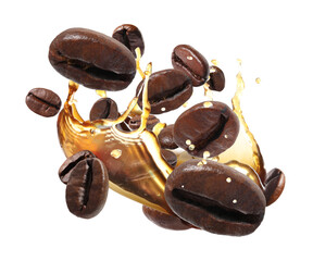 Coffee splash and roasted beans in air on white background