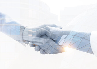 Double exposure of cityscape and partners shaking hands on white background, closeup
