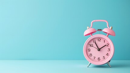 Deadline time concept pink alarm clock on blue background