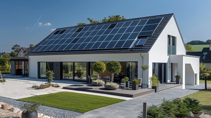 Modern minimalist American style house with solar panel cells on the roof. American house design facade. - obrazy, fototapety, plakaty