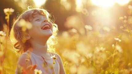 Joyful Child Bathed in Sunlight Among Flowers