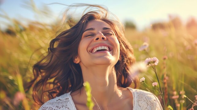 Joyful Woman Laughing in Summer Meadow - Powered by Adobe