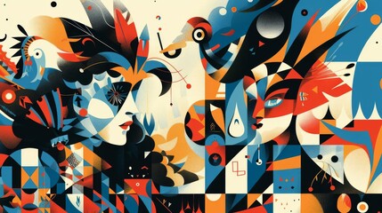 A stylized and modern interpretation of a classic fairy tale or mythological story, with bold colors, geometric shapes, and imaginative character designs