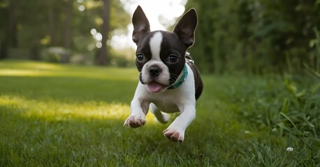 boston terrier running on grass - Powered by Adobe