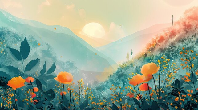 A stylized and modern interpretation of a classic fairy tale or mythological story, with bold colors, geometric shapes, and imaginative character designs