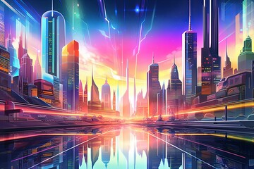 Fototapeta na wymiar Futuristic Hologram Gradients: Retro Cityscape Concept Art