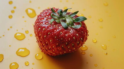 Strawberry on a yellow background with water drops, close-up generativa IA