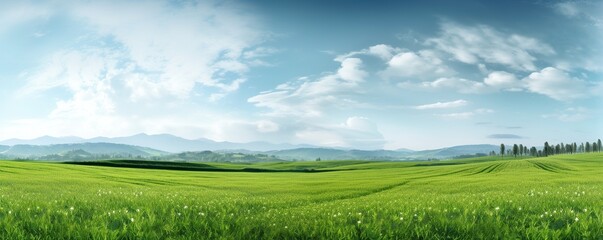 View of a wide green meadow with a clear sky in the background